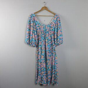 Show Me Your Mumu Mandi Midi Dress M Blue Floral Tiered 3/ Puff Sleeve Boho 406